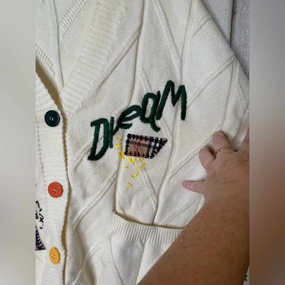 Embroidered V Neck Cardigan Size S Artsy Chunky E Girl Teacher Schoolgirl Unique - Picture 6 of 12